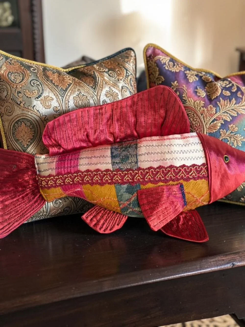 Handcrafted OOAK Brocade Patchwork Fish Koi Folk Art Boho Asian Pillow 12